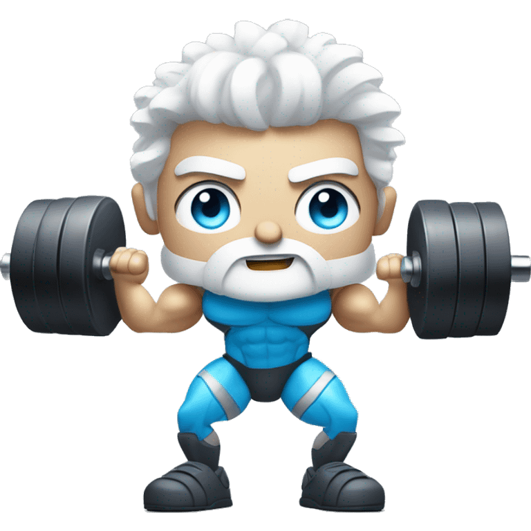 Athletic bionic robot man with amazing hair white hair and beard and blue human eyes flexing muscly arms and lifting weights   emoji