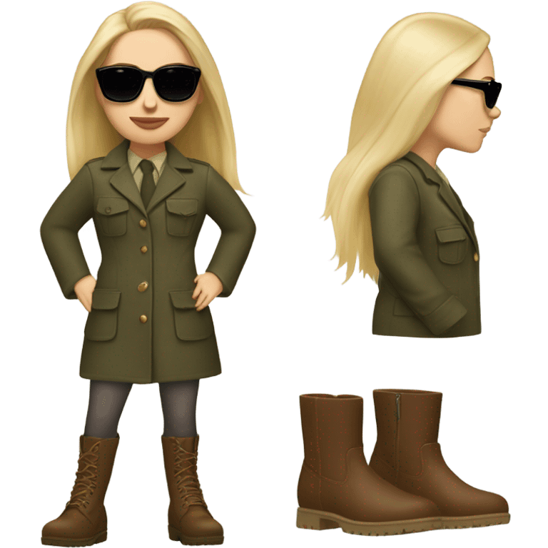 Realistic White woman with Long straight blonde hair and round sunglasses, camouflage Wool oversize blazer, mini dress and Brown leather boots  emoji