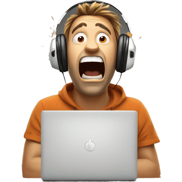 explosion face man wearing headphones, very surprised with wow face, mind blown looking at laptop emoji