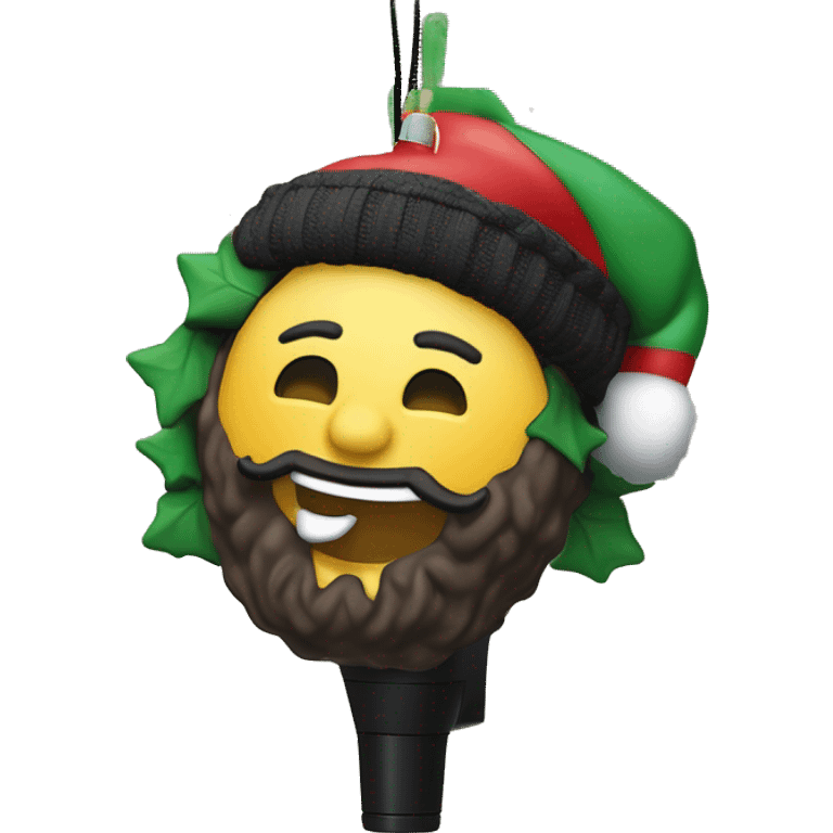 The Post Malone tree ornament captures the warm spirit of Christmas. Inside, Post Malone, dressed in black jeans, black shoes, his signature face tattoo, and a Santa hat, leans in, singing into a microphone with a stand.  emoji