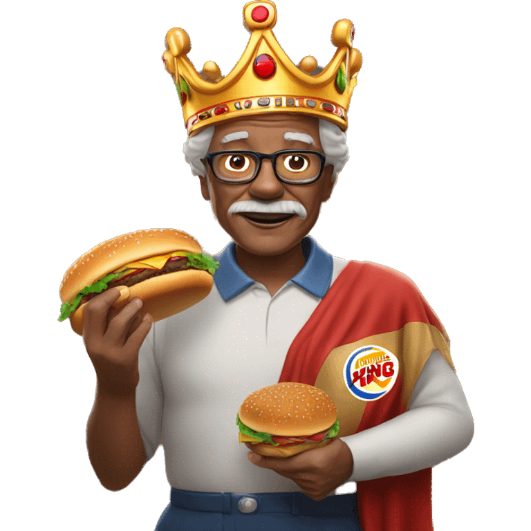 Older man wearing a Burger King crown with a burger in his hands emoji