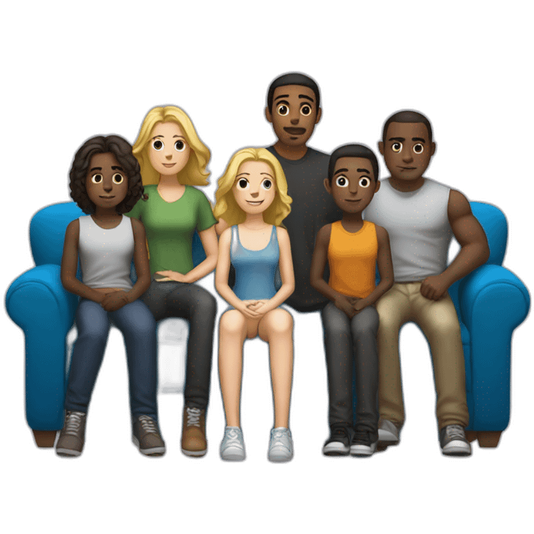 a light-skinned girl sits on a sofa and five dark-skinned guys stand behind emoji