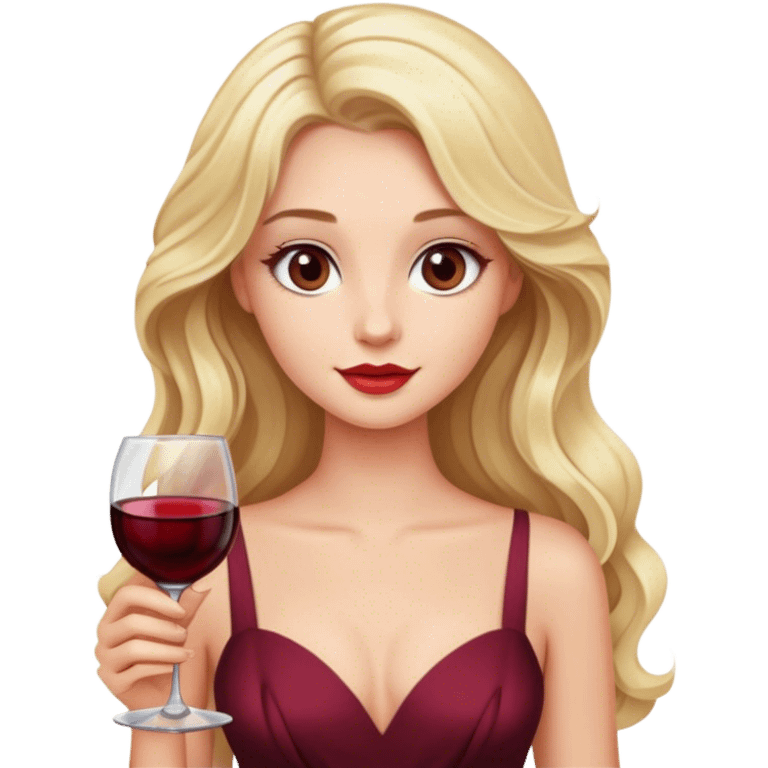 Blonde model with brown eyes, long wavy hair, wine tasting emoji