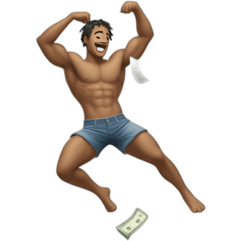 Shirtless guy dancing under raining money  emoji