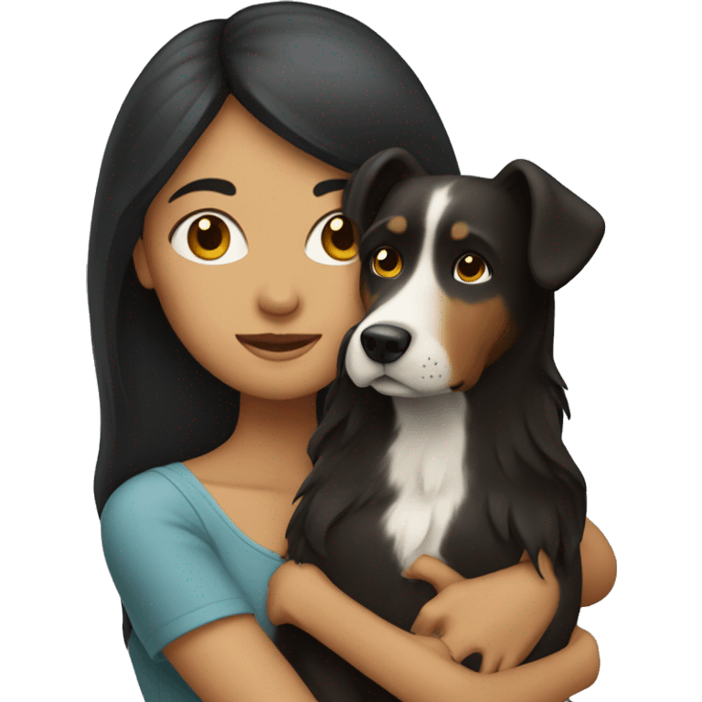 Woman with long dark hair hugging dog emoji