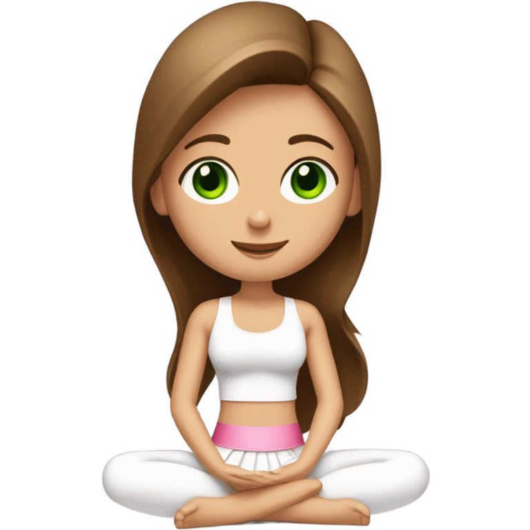 A girl with brown long hair, fair skin and green eyes is sitting in a lotus position in a white bra top and pink skirts emoji