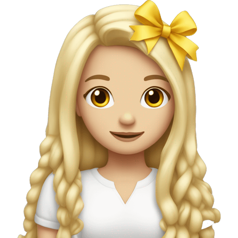 cute white girl, with yellow bow in her hair, long straight hair, hugging a Teddy bear emoji