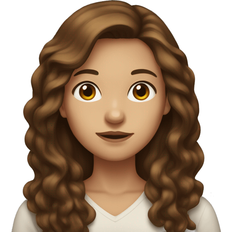 brown-haired woman with long hair, brown eyes, showing a heart emoji