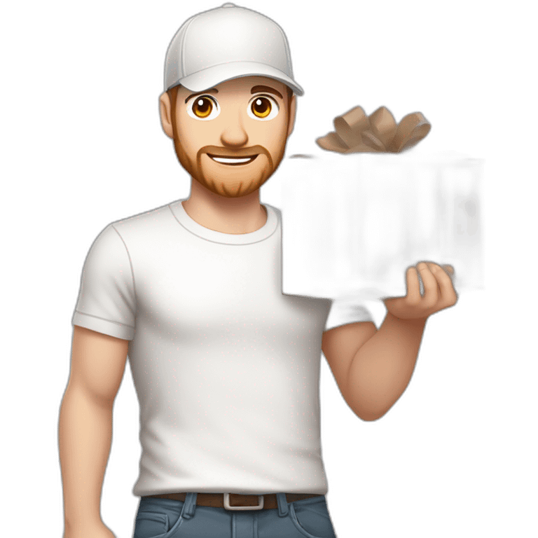 Pale skinned fit Man with dark brown hair in a light gray cap, dark brown jeans, brown polo and white T-shirt keeping a pasted with tape white box into his hands emoji