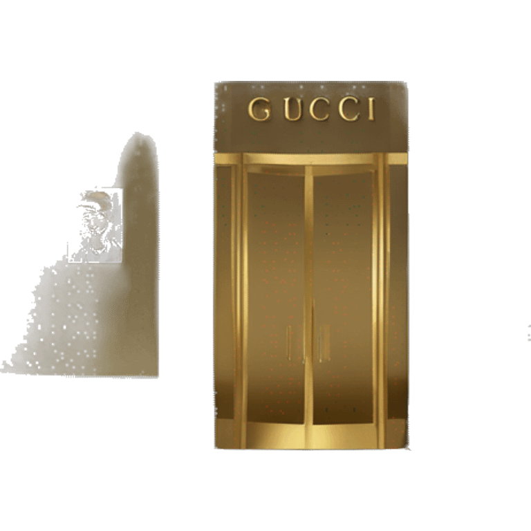 “Gucci store exterior with gold logo above entrance, large glass windows displaying luxury fashion, and elegant double doors.” emoji