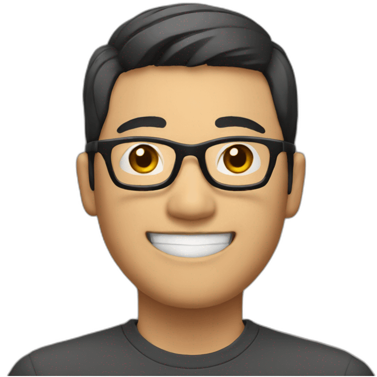 asian man, very short hair, black frame glasses, smile, head to shoulder shoot  emoji