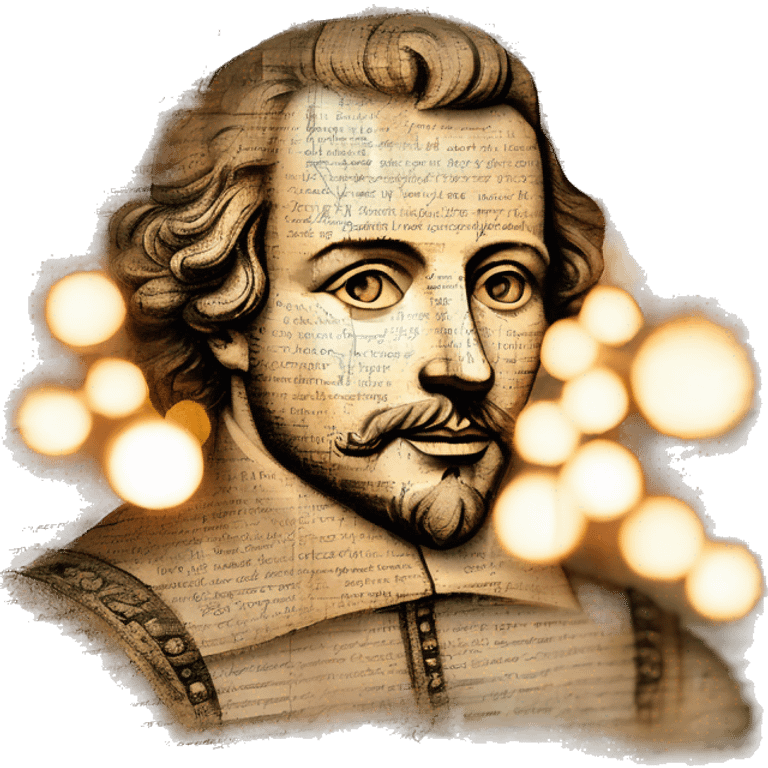 Glowing Shakespeare made of newspaper and bokeh fairy lights lanterns stained glass, fairy lights, bokeh, annotated sketch, handwritten letters, collage of intricate patterns, lantern, bokeh emoji