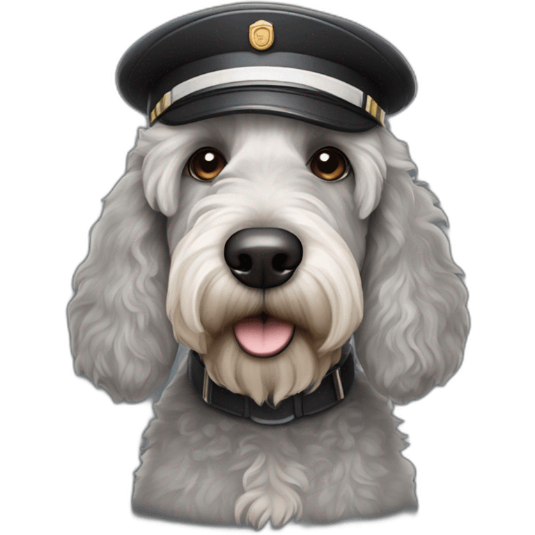 sad grey and black labradoodle dog's face with and long nose and a pilot cap on emoji