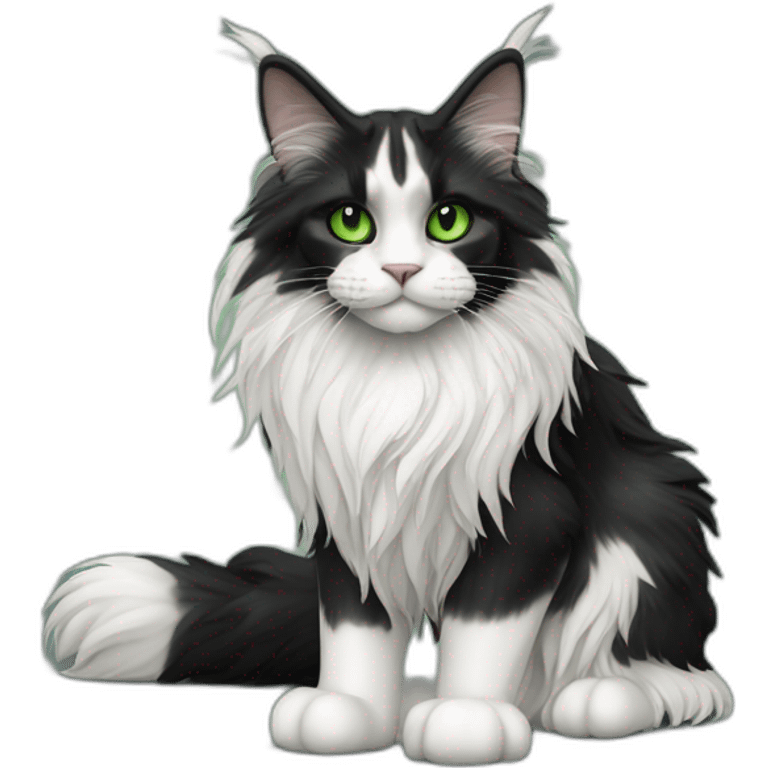 Black and white Maine coon with green eyes, full body, realism emoji