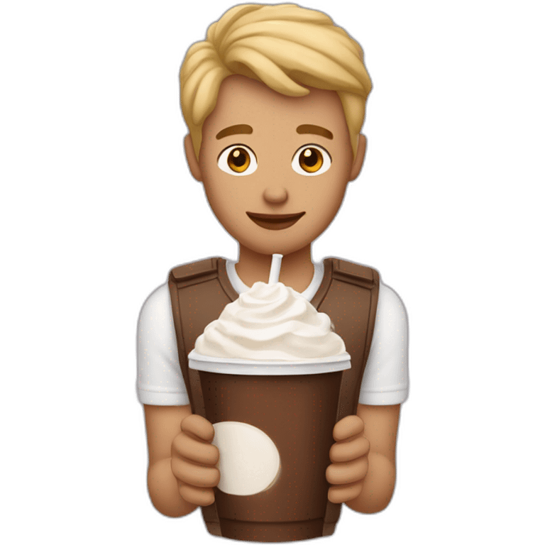 A man with a light skin tone who is holding a chocolate shake with only his left bangs slightly down emoji