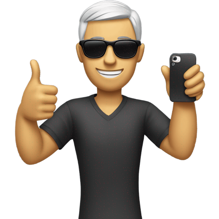 person with sunglasses showing iphone screen with thumbs up emoji