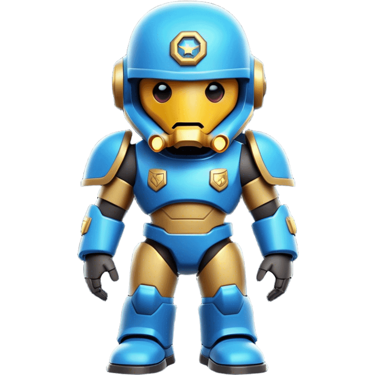 Clash of Clans aesthetic: Cinematic Playful Terran Marine Hero Emoji, rendered in a 3D vector-style similar to standard emojis with minimal shading and bold, simplified shapes. A compact, heroic isometric figure clad in futuristic power armor with signature energy accents, softly glowing with a cosmic battle charm. Simplified yet unmistakably iconic, highly detailed and consistent, glowing with a soft radiant shine and high gloss. Stylized with a touch of interstellar valor and a soft glowing outline, capturing the essence of an elite space warrior with a friendly, playful manner! emoji