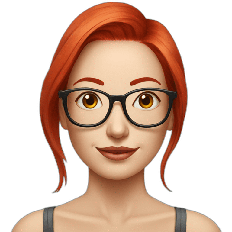 Woman with red hair and rectangular glasses, double mastectomy replaced by lotus tattoos emoji