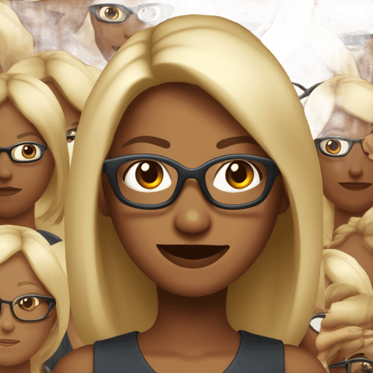 femme avec des cheveux lisse chatain clair, des yeux bleu avec des lunettes noires, un grand sourire et du rouge à lèvre rouge
 emoji