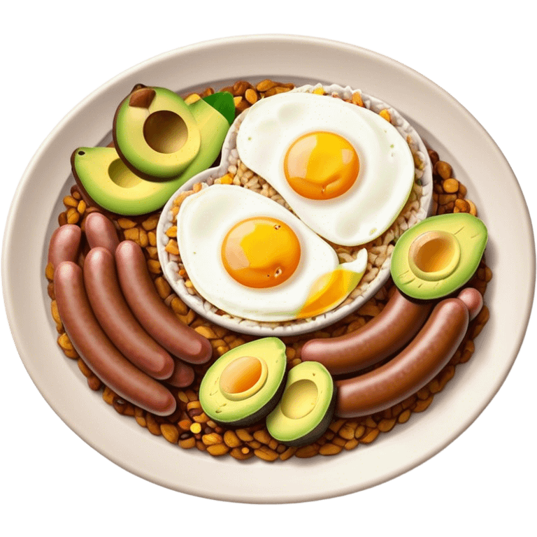 Bandeja Paisa Cinematic Realistic Bandeja Paisa Dish Emoji, depicted as a hearty platter featuring rice, beans, avocado slices, one sausage, a perfectly cooked egg, and crispy pork crackle, rendered with vivid textures and robust, inviting lighting. emoji