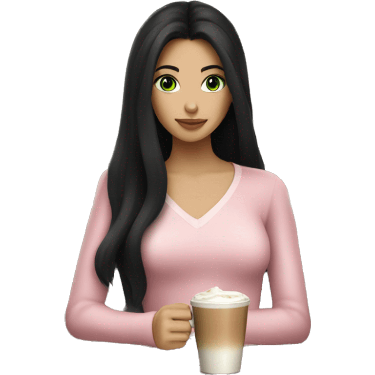 girl with very long black hair and green eyes and light pink outfit drinking a latte emoji