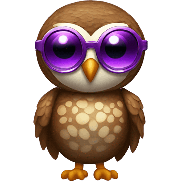 a rowlet brown owl emoji with sunglasses and a purple sequence full disco suit on emoji