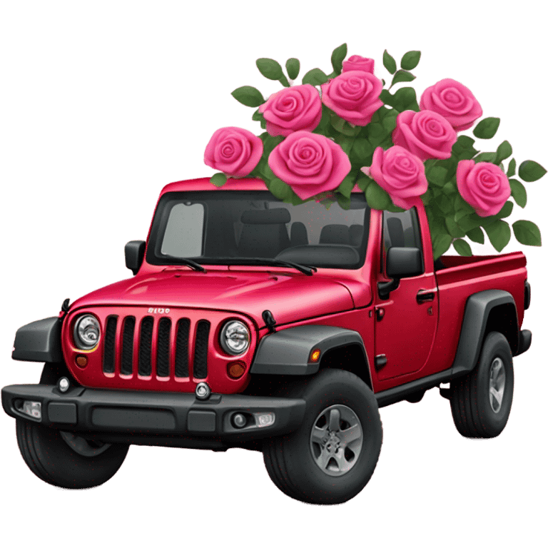 Realistic Red Jeep Gladiator with the truck bed full of pink roses. emoji