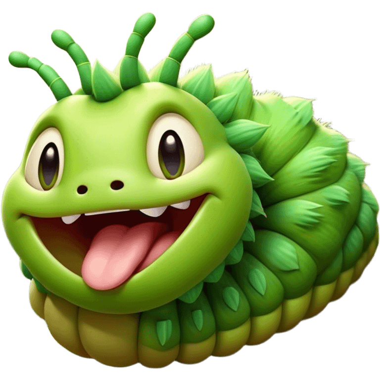 Cinematic Realistic Cute Yawning Caterpillar Portrait Emoji, Head tilted slightly with a dramatic, wide-open yawn, showcasing a soft, downy segmented body in vivid green with subtle drooping and half-closed, drowsy eyes, rendered with intricate natural texture and gentle shadows, high shine, relaxed yet expressive, styled with a dash of woodland charm, soft glowing outline, capturing the essence of a sleepy yet affectionate caterpillar that appears ready to stretch out and rest among the leaves! emoji