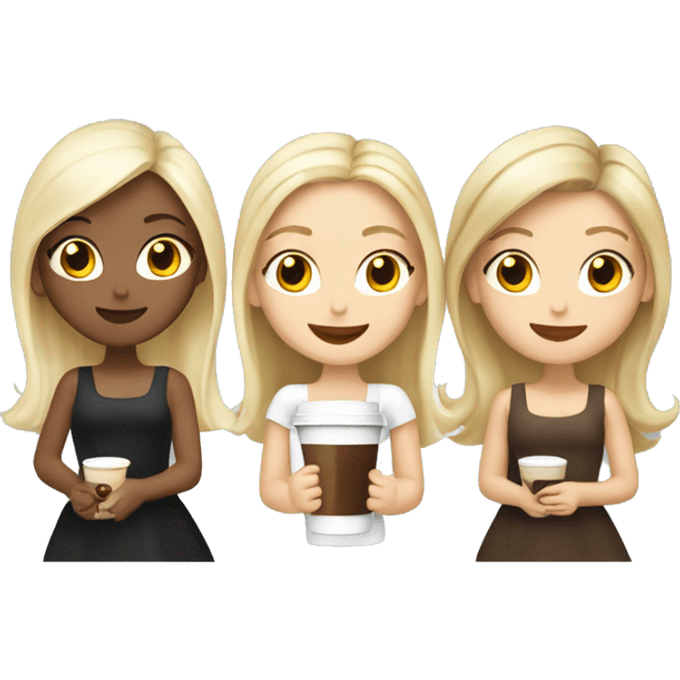 Four beautiful white european girls, one with blond hair and two dark blond hair in dresses have coffee emoji