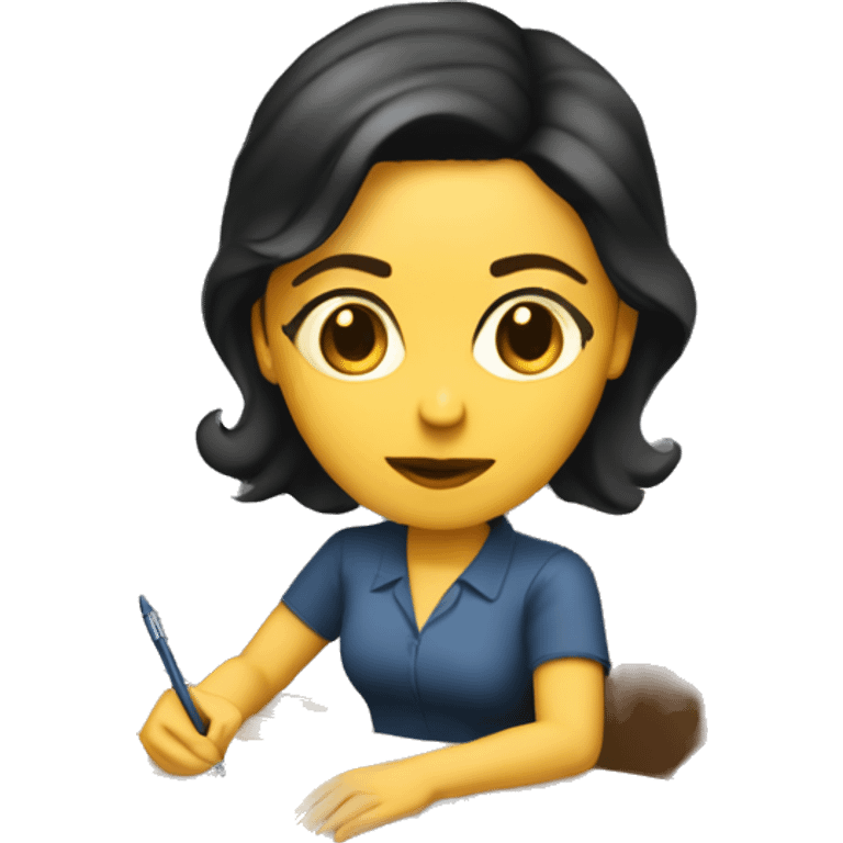 white mom with short dark hair writing  a notebook on a wooden office desk emoji