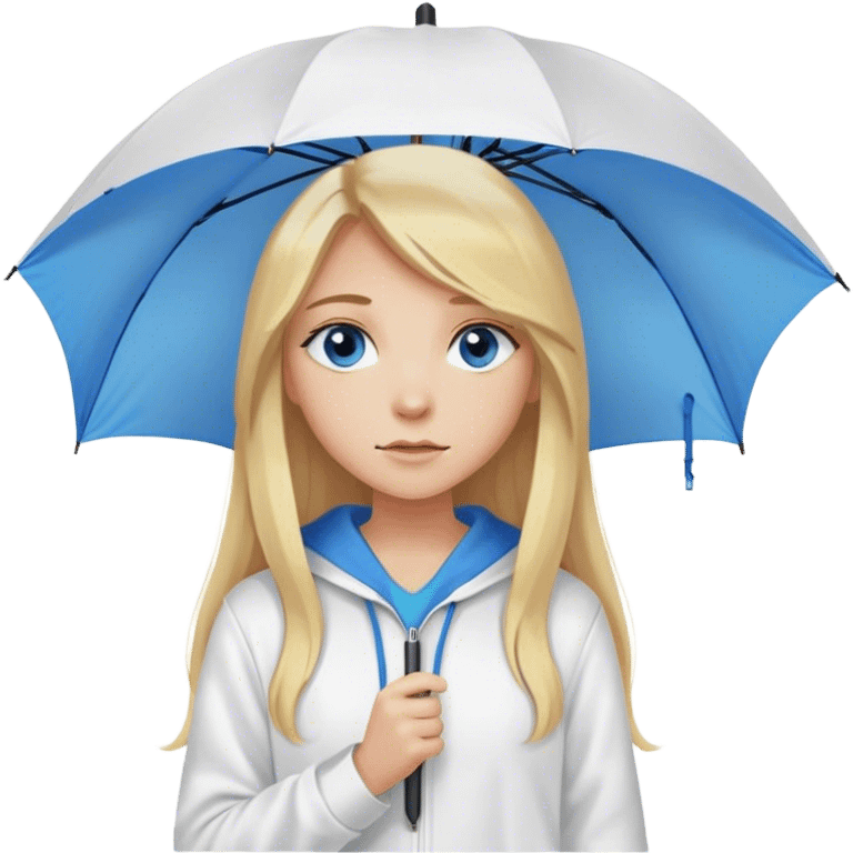 Cinematic realistic emojis in the form of a blonde girl with long hair, blue eyes, wearing a white hoodie, holding an umbrella over her emoji