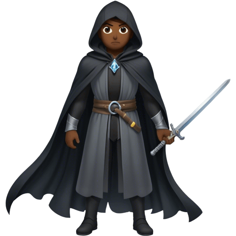 A mysterious swordsman in a black cloak, mist swirling around him emoji