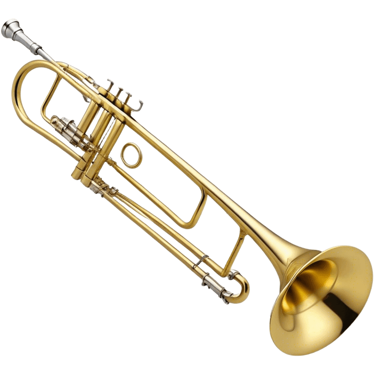 Create an elegant and detailed emoji representing the Bach Bb/F tenor trombone. The design should feature the smooth, shiny brass body of the trombone, showcasing its large, flared bell and curved tubing. Highlight the tuning slide with its polished metal finish, and the mouthpiece should be clearly visible. The trombone’s surface should have a gleaming brass tone with subtle silver accents around the mouthpiece and slide. Add a few musical notes or soundwaves emanating from the bell to emphasize the powerful sound of the trombone. Use golden and brass tones with reflective light effects to enhance the trombone’s professional and high-quality appearance. The background should be transparent. emoji