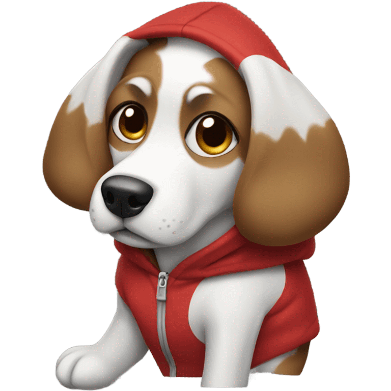 Dog wearing a hoodie with the colors black, white and red emoji