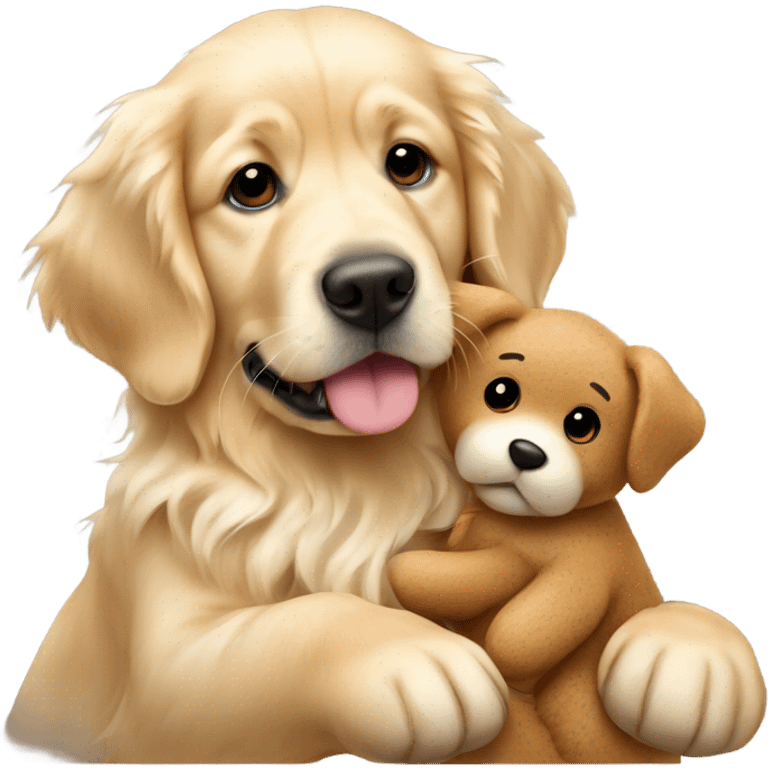 English cream golden retriever holding teddy bear emoji