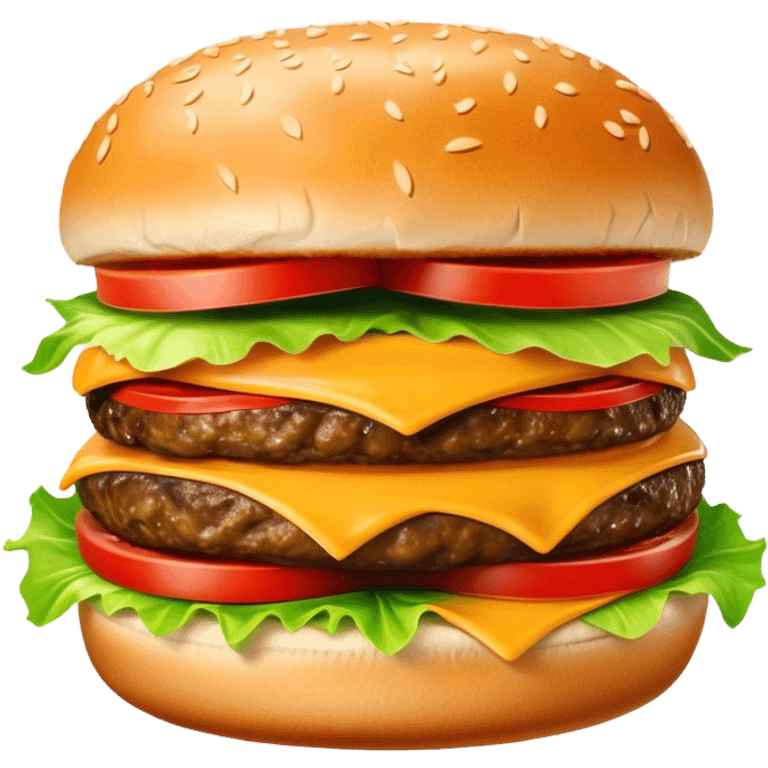 Cinematic juicy cheeseburger, perfectly grilled patty, melted cheese, crisp lettuce, tomatoes, and pickles, soft sesame seed bun, glossy and rich, warm glowing background, ultra-detailed and appetizing. emoji