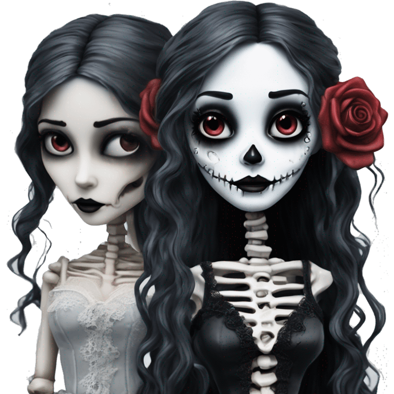 full body, hyper realism, full height skeleton, tim burton "corpse bride", thin porcelain doll with a cracked face, goth makeup watery eyes, long hair, lace and ruffles, lolita style, inked, black and white, red roses emoji