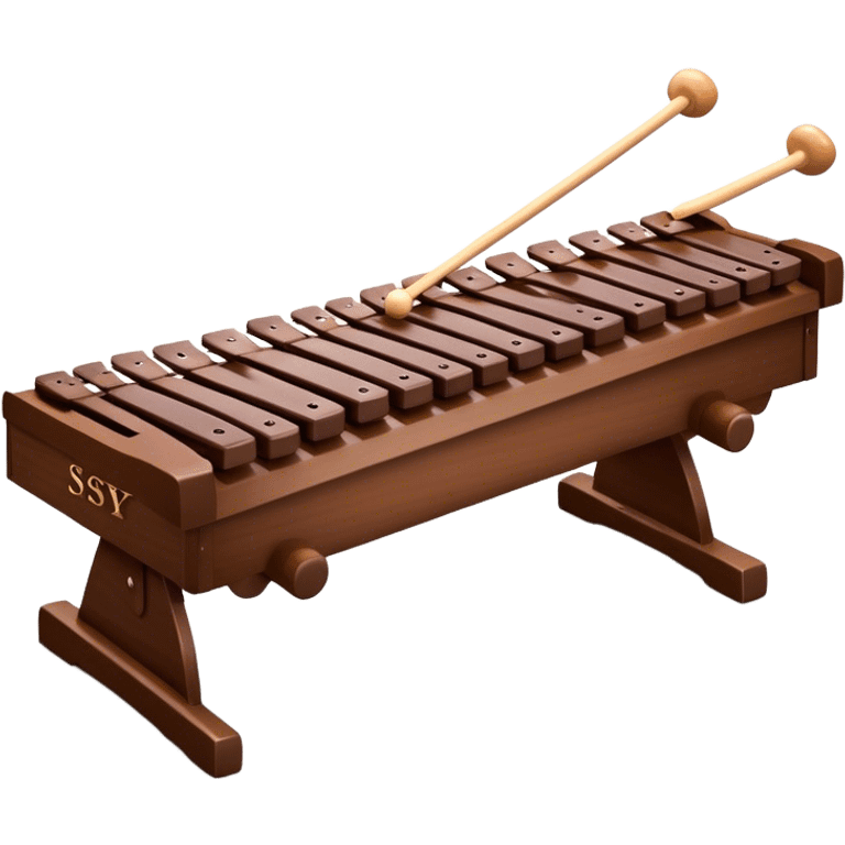 Create a detailed and professional emoji representing a Fleet FLT-SX37 orchestral long wooden xylophone. The design should showcase the large, wooden bars of the xylophone arranged in a traditional layout, with a polished, smooth finish. The bars should be dark brown or mahogany, with soft metallic reflections on the resonators underneath. Include two mallets with rubber or wooden heads resting on the bars, emphasizing their role in striking the notes. The xylophone should have a sophisticated and professional appearance, with clean lines and a polished look. Add subtle musical notes or sound waves to represent the vibrant sound produced by the instrument. The background should be transparent. emoji