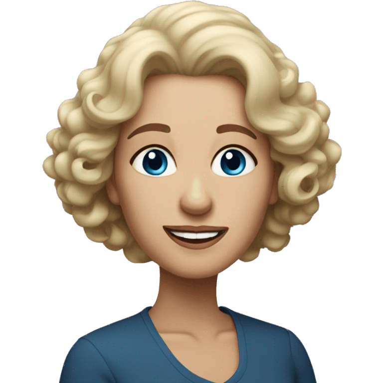 widow with blonde, medium length curly hair, blue eyes and 60 years old emoji