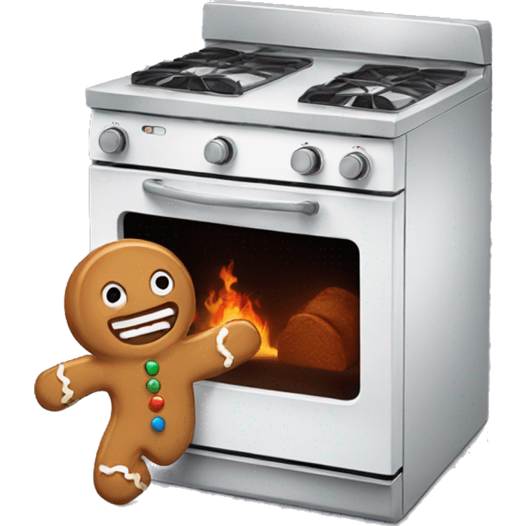 Oven with scared gingerbread man running away emoji