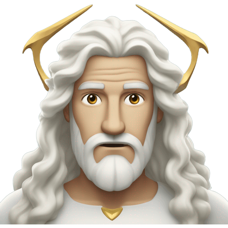 white man Poseidon with gold trident. long white hair white dress watch out emoji