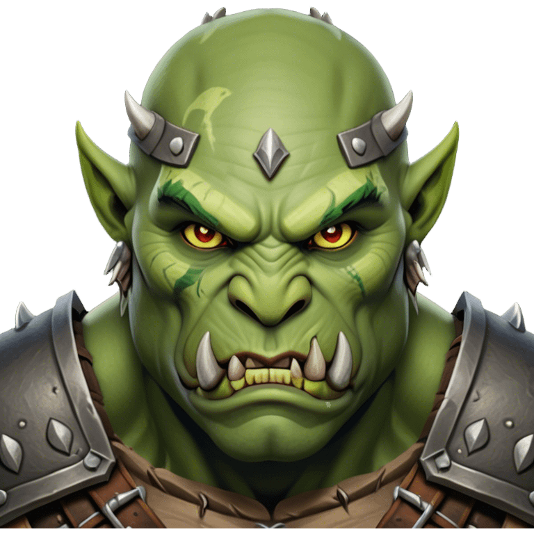 Cinematic Realistic WoW Orc Warrior Portrait, head tilted epicly and inquisitively, showcasing a commanding presence and raw, unyielding power. His battle-hardened green skin and muscular form, accented by meticulously crafted tribal armor in deep earthy hues, are rendered with lifelike clarity and dynamic lighting, high shine, epic and awe-inspiring, embodying the relentless spirit of an orc warrior ready for battle. emoji