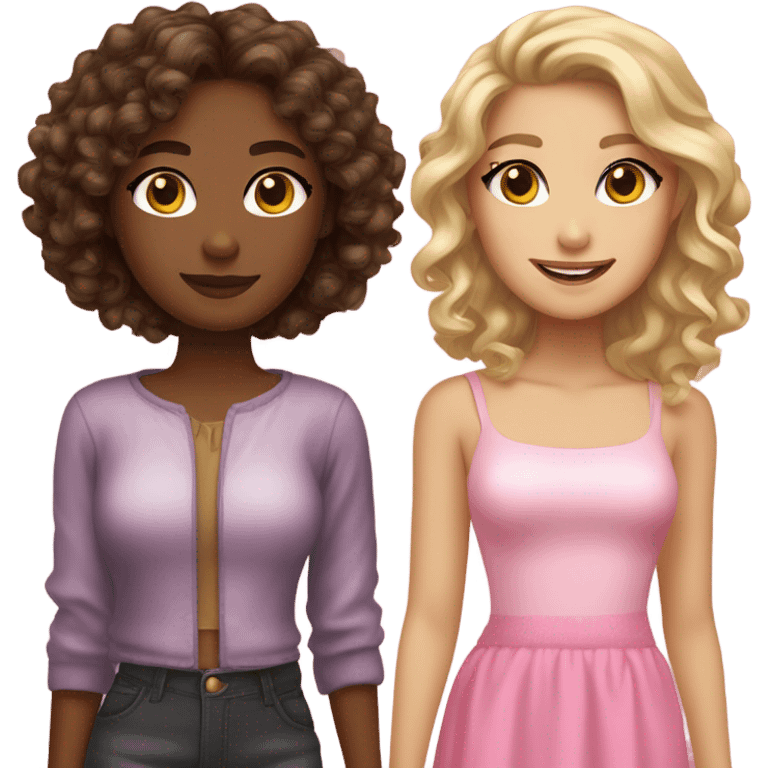 Two pretty best friends , one with tan skin and brown hair with blonde highlights, and another with curly dark brown hair and tan skin too. Also give them pink Christmas outfits  emoji