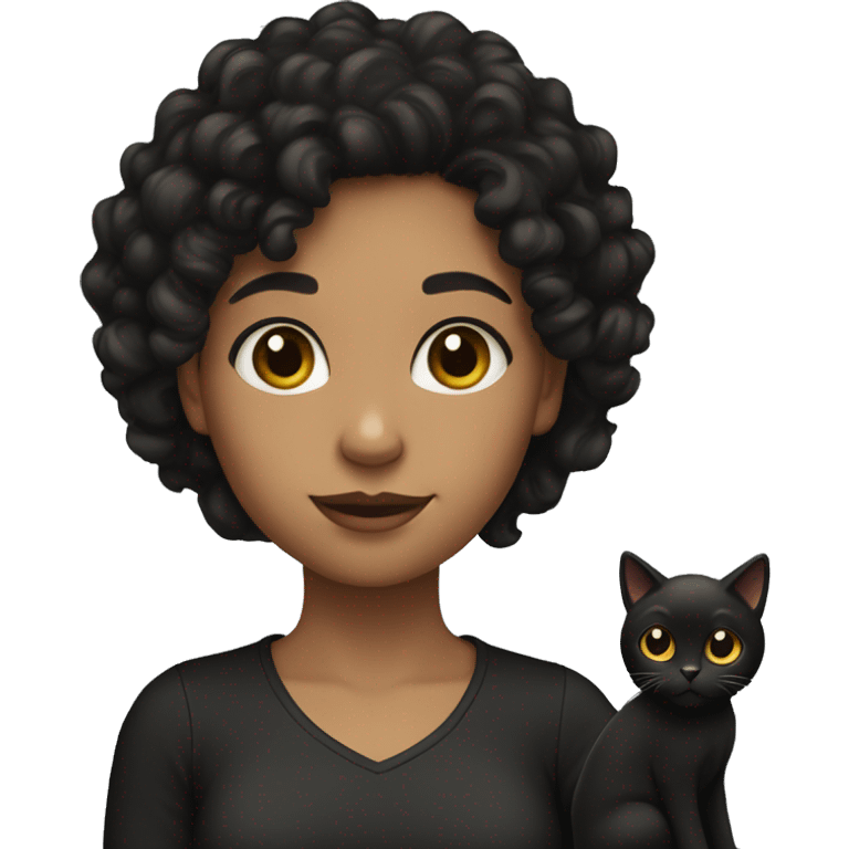 a girl with fair skin and curly black hair. She has a black cat  emoji