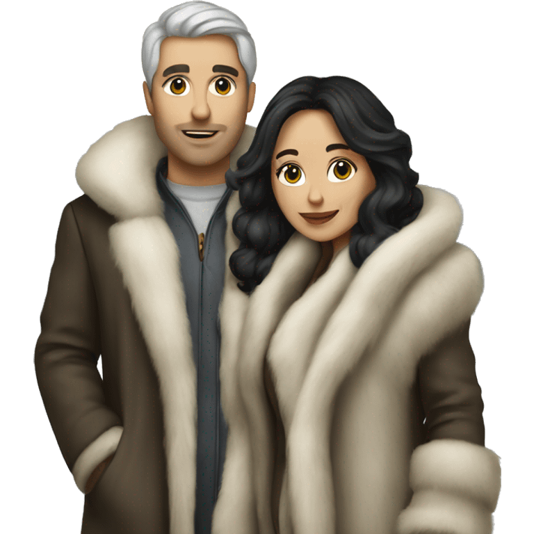 Dark haired White couple in long fur coats emoji