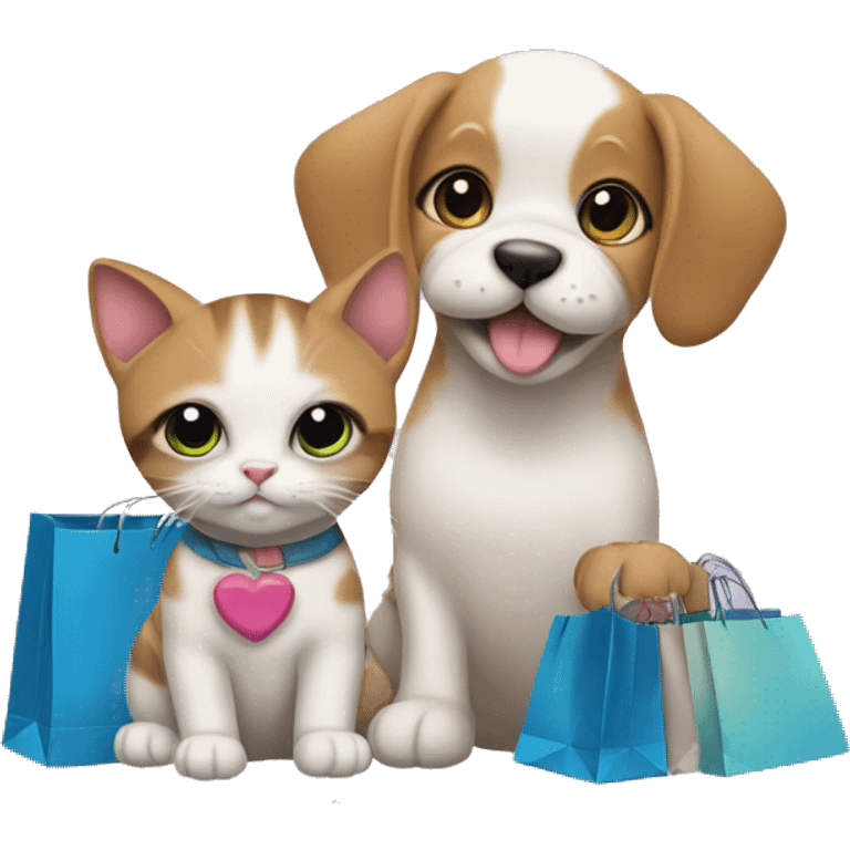 Cat and puppy with shopping bags emoji