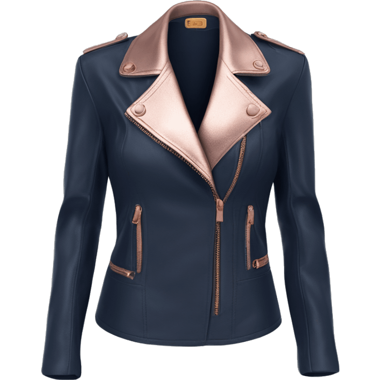  Realistic isolated open front Navy blue leather fashion jacket with rose gold fasteners.  emoji