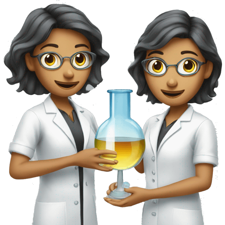  two scientists girls holding one clear glass chemistry emoji