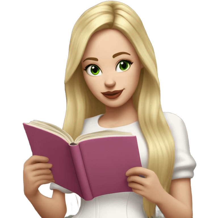 Realistic White girl with Long straight blonde hair, green eyes, tattoos, full body wearing white dress and pink knee-high leather boots, Reading book emoji