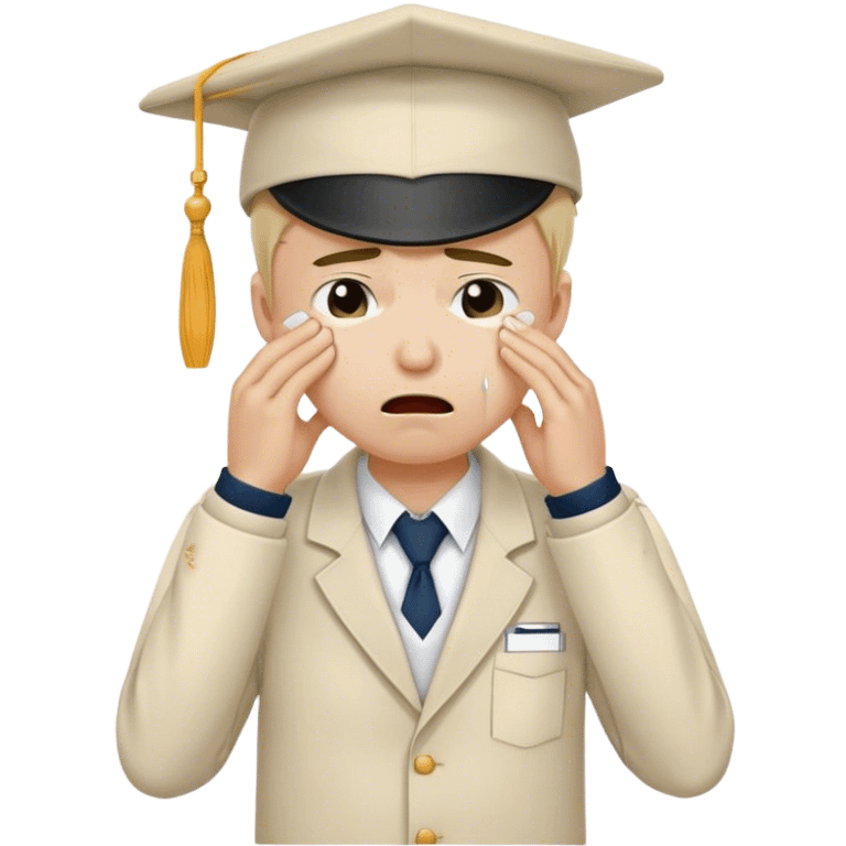 Create an emoji of a student with white skin tone crying. He is wearing a university uniform, including a shirt and pants and hat. The man is visibly upset, with tears streaming down his face, and he is wiping his eyes with his hand. The background should be simple to emphasize his emotional state, conveying the feeling of being overwhelmed with school stress or personal struggles emoji